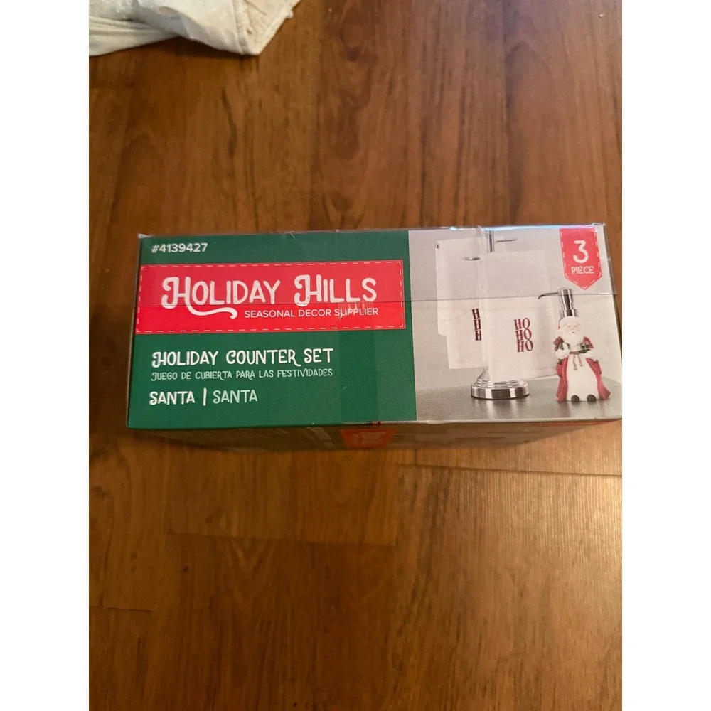 Holiday Hills 3 Piece Santa Counter Set Soap Dispenser & Ho Ho Ho Towels 4139427